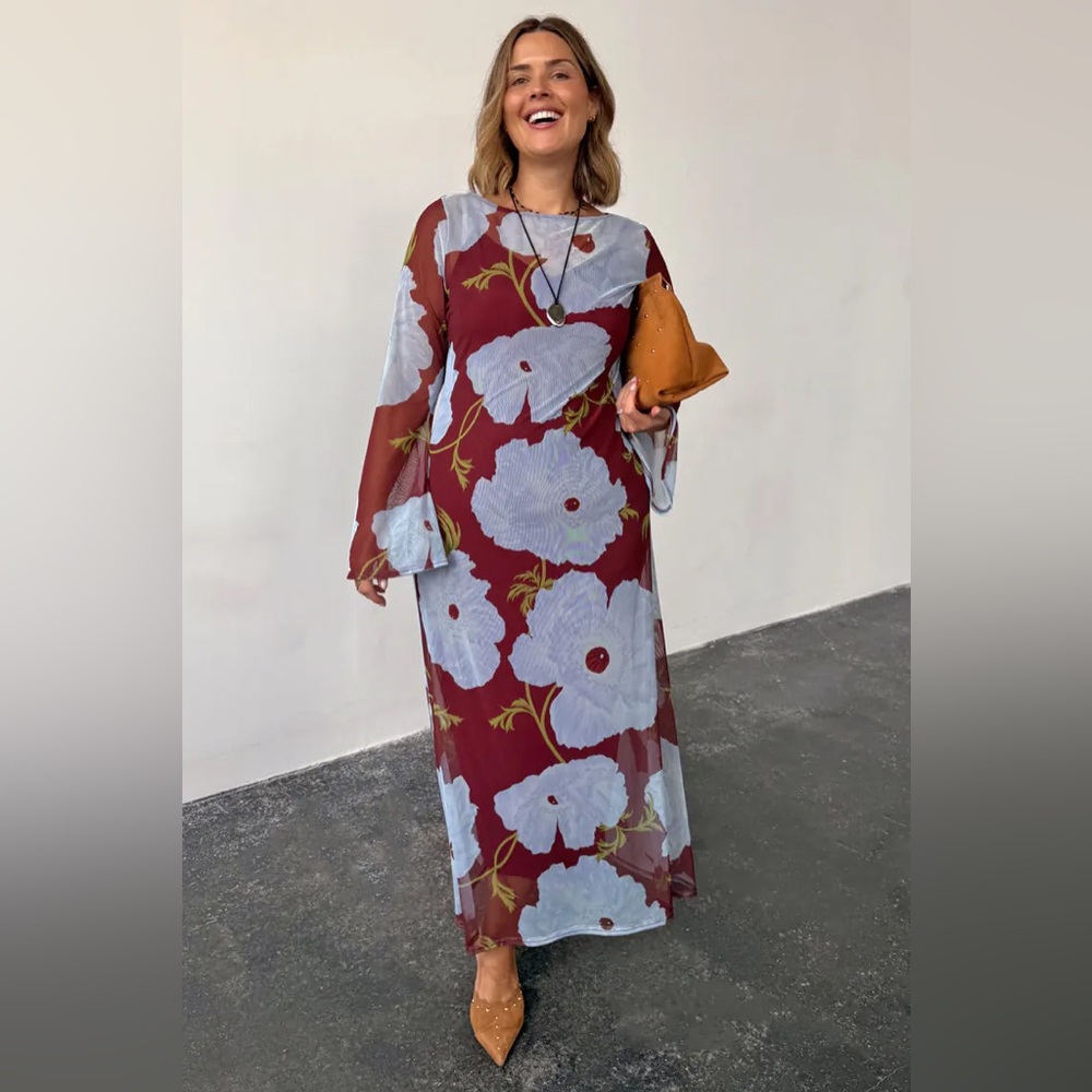 Never Fully Dressed Burgundy and Blue Floral Long Sleeve Dress
